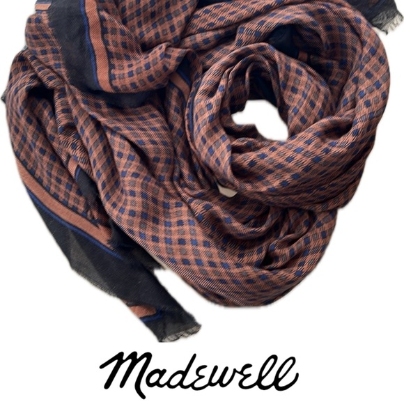 🐑Cashmere/Modal SOFT Thin Oversized Brown/Navy/Black Houndstooth Madewell Scarf - Picture 3 of 17